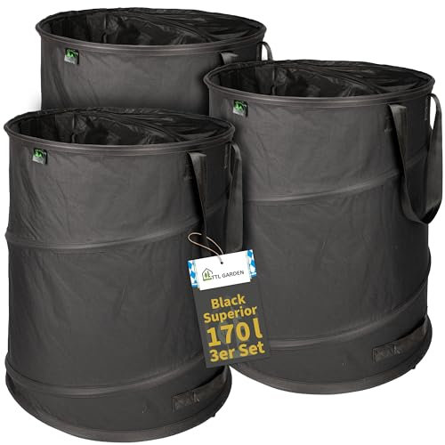 TTL Garden BLACK SUPERIOR 3x 170L Pop Up Gartensack - DOPPELTER BODEN 260gsm extra stabil 600D Oxford 3er Set 170 Liter Gartenabfallsack Laubsack faltbar Grünschnitt Garten Abfall selbstaufstellend