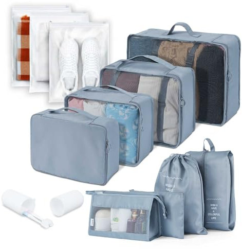 Aysthetics 9 pcs Travel Packing Cubes for Suitcases with 3 zipper bags, clothes, shoes, toiletries and cosmetics bags - Waterproof travel suitcase organiser packing bags