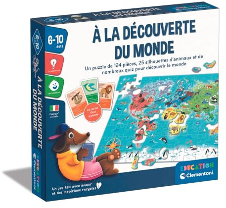 Clementoni Entdecken Sie die Welt für Kinder von 6 – 10 Jahren | Puzzle Weltkarte 124 Teile + TierQuiz | Klassifikationskarten + Suche und Finden | Lernspiel Geographie | Geschenkidee