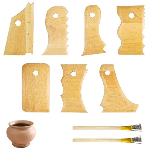 Juego de 9 Piezas Herramientas Ceramica, Madera de Haya Herramientas Arcilla, Kit Ceramica, Herramientas de Recorte, Cerámica Herramientas, Raspadores de Moldeo, Cepillo de Acero con Textura (9)