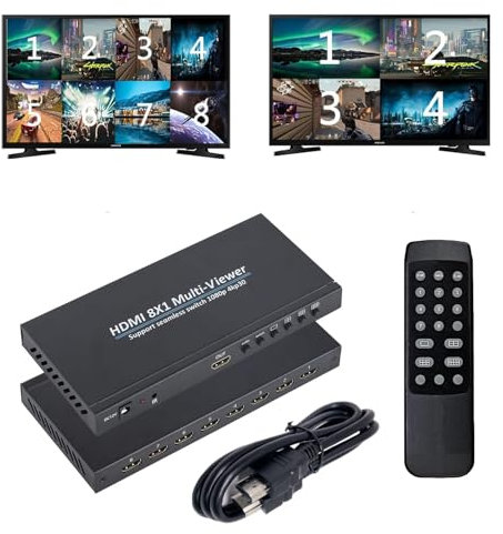 HDMI Quad MultiViewer 8x1, nahtloser Umschalter 8 in 1 Out mit IR-Fernbedienung, unterstützt 1080p 4K @ 30Hz und 6 Betrachtungsmodi