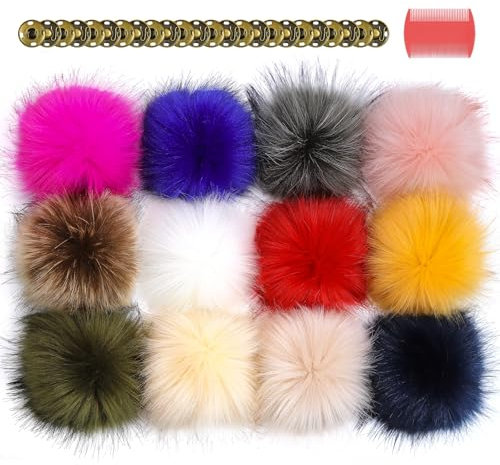 10 CM Faux Fox für Pompoms For Hats, 12 Stück Fellbommel Mit Druckknopf, Bommel für MüTze Fellbommel Pompon Kunstfell Bommel für SchlüSselanhäNger Tasche Mützen Anhänger DIY-Helle Mischung