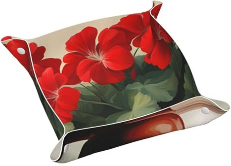 Ablagetablett aus Leder mit rotem Geranien-Muster, wasserdicht und leicht zu reinigen, für ordentliche Schlüssel, Uhren, Make-up und andere kleine Gegenstände