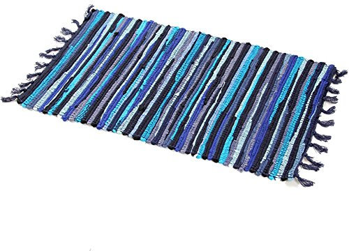 Namzi Flickenteppich, maschinenwaschbar, Baumwolle, wendbar, handgewebt, mehrfarbig, gestreift, für Schlafzimmer, Wohnzimmer, Küche und Waschküche (61 x 88,9 cm, Blau)