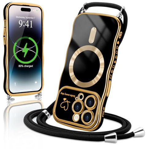 Lafunda Handykette für iPhone 15 Pro hülle mit Band Magnetisch Handyhülle Süß lockige Wellen Rahmenform Schutzhülle Liebe Plating Case mit Kordel zum Umhängen für iPhone 15 Pro Schwarz