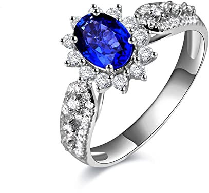 Bishilin Weißgold Ring mit Saphir Damen, Ring Weißgold 750 18k Echt Blume mit 0.89ct Oval Saphir Eheringe Verlobungsringe Nickelfrei für Frauen Gr.56 (17.8)