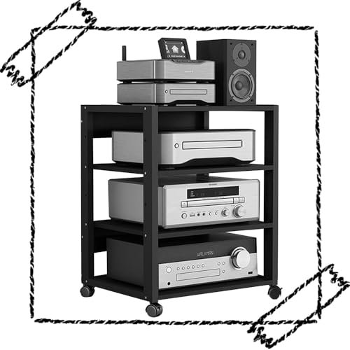ILOOXI Audio Rack Hifi Regal, 4-stufiger AV-Medienständer, HiFi-Rack AV-Regal Eckregal Mit Höhenverstellbarem Regal Und Rädern, Stereo-Komponenten-Rack/Schrank, Für DVD-Player, Spielekonsole, TV-Box ﻿