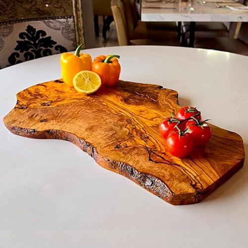 Handcrafted Live Edge Olive Wood Cutting Board | Unique Artisan Serving Board with Natural Grain & Knots | Ideal for Charcuterie Cheese Bread | Rustic Kitchen Decor & Gift (45 cm)
