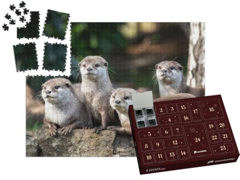 puzzleYOU: Puzzle-Adventskalender | „Gruppe von Vier aufmerksamen Orientalischen Kleinfischottern“ – aus der Puzzle-Kollektion Otter, Fische & Wassertiere