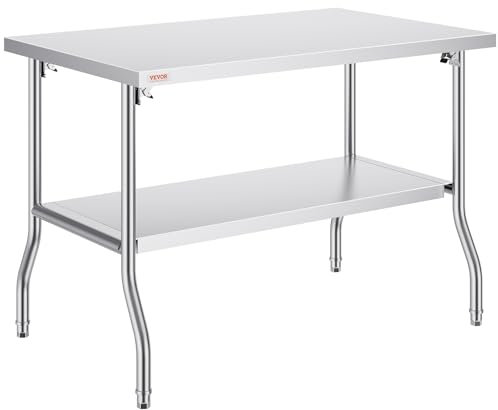 VEVOR Kommerzieller Arbeitstisch, 1220 x 762 mm, Klappbarer Kommerzieller Vorbereitungstisch, Doppelregal-Klapptisch aus Edelstahl, Küchenarbeitstisch mit 350 kg Traglast, Silberfarbene Kücheninsel