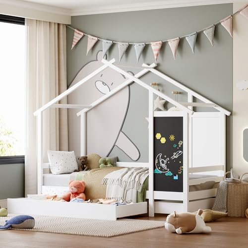 jeerbly Kinderbett 90x200 cm, Hausbett Kinder mit 2 Schubladen, 1 Tafel, Rausfallschutz und Rolllattenrost, Montessori Bett Bodenbett aus Kiefer, Mädchen Jugendbett Einzelbett Weiß