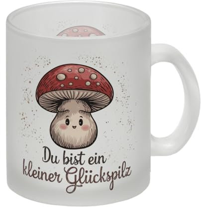 Pilz mit Gesicht - Glückspilz Glas Tasse mit roter Kappe und weißen Punkten deutscher Text süße Illustration - Tasse für gute Laune und Glück