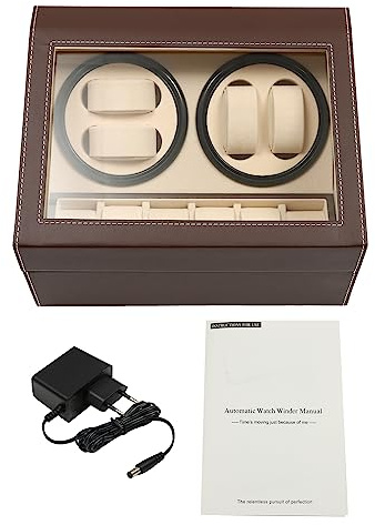 DHQCQL Automatik Uhrenbeweger, Uhrenaufbewahrung mit 4 Uhrenbewe + 6 Uhren, PU-Leder Uhrenbeweger Display-Boxen, Drehen Mute Uhrenbeweger 4 uhren für Uhrengeschäft Zuhause, 30×24×18 CM