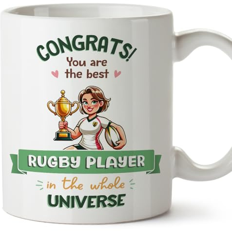 MUGFFINS Rugby Player Woman Mug - in English - Best in Universe Trophy - Funny Gift for Colleagues - Ceramic 11oz Mug