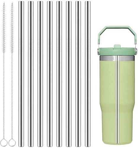 Replacement Metal Straws for Stanley Iceflow Flip 0.89L/30oz, 8Pcs 20.5cm Stainless Steel Straw with 2Pcs Brush, Accessories for Stanley Iceflow Water Bottle 30oz (ONLY Fit Iceflow 30oz Original Lid)