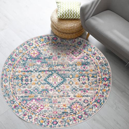 Mazovia Teppich - Bunt Mehrfarbig Modern Ethnisch Teppich für Wohnzimmer, Schlafzimmer, Esszimmer, Büro - Kurzflor Rund - ÖKO-TEX Zertifiziert - Orientalisch Teppiche - Grau Bunt - 160 x 160 cm