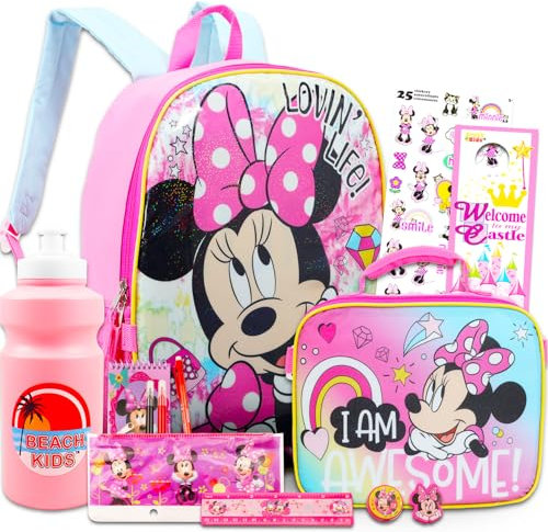 Minnie Mouse Backpack for Kids, Toddlers - Bundle with 16 Minnie Mouse Backpack Plus Minnie Mouse Lunch Box, Stationery Supplies, Water Bottle, Stickers, More | Minnie School Supplies Set