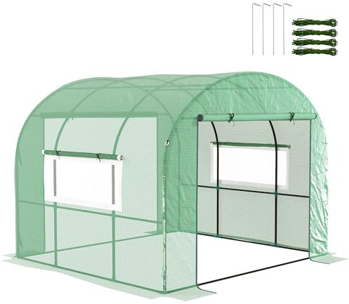 Outsunny 3 x 3 x 2m Polytunnel Greenhouse with Doors and Mesh Windows, Walk-in Grow House Tent with UV-resistant PE Cover and Steel Frame, Green