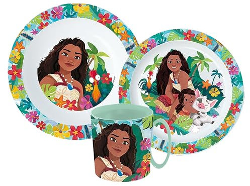 Sorrisini Vajilla Infantil Reutilizable Apta Para Microondas Vaiana, Juego de Platos Irrompibles de Plástico Para Niños y Bebés, Plato, Cuenco Para Cereal, Taza 350ml, sin BPA Vaiana Wow