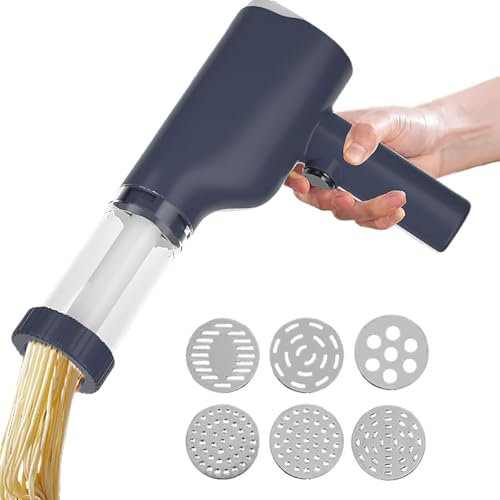 Electric Pasta Maker, Electric Pasta Maker Handheld, with 6 Pasta Discs, Automatic Manual Homemade Noodle Maker, for Spaghetti Lasagna Fettuccine (Blue)