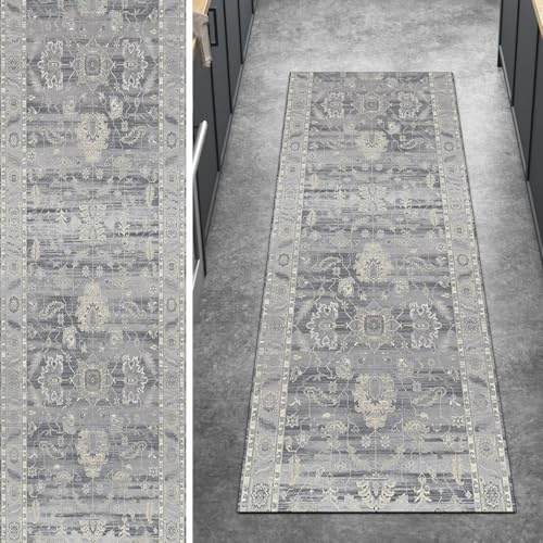 Ymural Teppichläufer Waschbar rutschfest Grau, 100x350CM Vintage Küchenläufer Teppich Läufer Flur Meterware Kurzflor Polyester Korridor Schlafzimmer