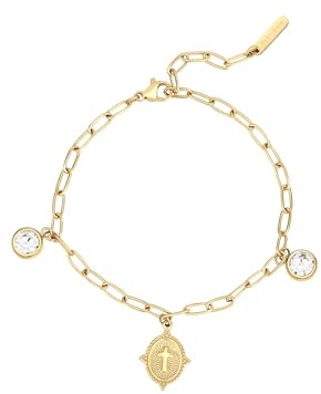 Eastside Damen Armband Edelstahl gelbgold | gelbvergoldet 14 Karat, Gliederarmband, Zirkonia, weiß, Kreuz, Karabinerverschluss