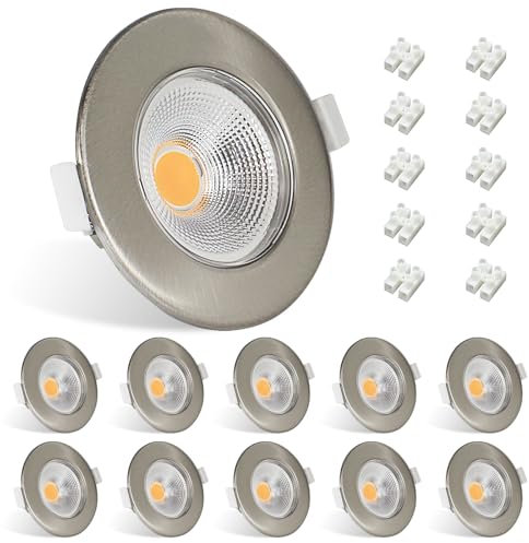 Allesgute 10er LED Einbaustrahler 230V 7W, Gebürstet Edelstahl Einbauleuchten 3000K Warmweiß 600LM, Deckenspots 60° Abstrahlwinkel LED Spots Flach 65-85mm Lochmaß