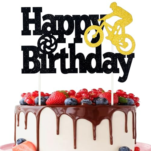 Bicycle Happy Birthday Cake Topper - Black Glitter Bicycle Cake Decoration for Sports Theme Party, Birthday Party Cake Decor Supplies
