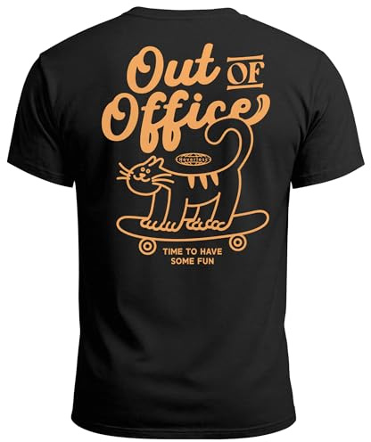 Neverless® Herren T-Shirt Backprint Out of Office Grafikshirt Katze Schriftzug Fashion Streetstyle Schwarz M