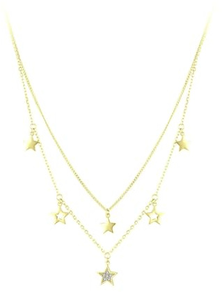 AMDXD Gelbgold 18K Halsketten Damen, 2 Geschichtet Stern Damenkette Anhänger mit Moissanit Rundschliff Weiß, Echt Gold Ketten für Frauen Au 750, 40+5CM