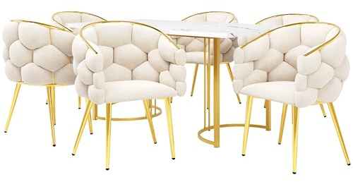 Esstisch-Set (7-teilig), 140 x 80 cm Esstisch mit 6 Stühlen, modernes Esstisch-Set für die Küche, Esszimmerstühle mit goldenen Metallbeinen, moderner Esstisch mit Marmormuster und goldenen Beinen