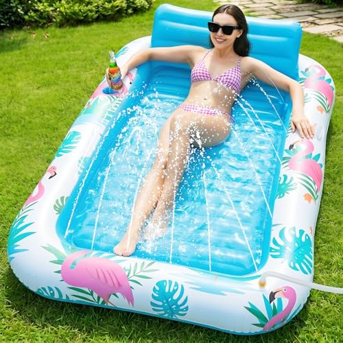inflatable tanning float with sprinkler, swimming pool float for adult with cup holder, inflatable tanning bed, raft float for garden, pool, beach, summer water party