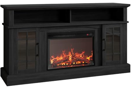 SOBOLON Fireplace TV Cabinet, Built-in Floor-standing Storage Unit, 58 Vintage Furniture With 12 Simulated Flame Colors(A)