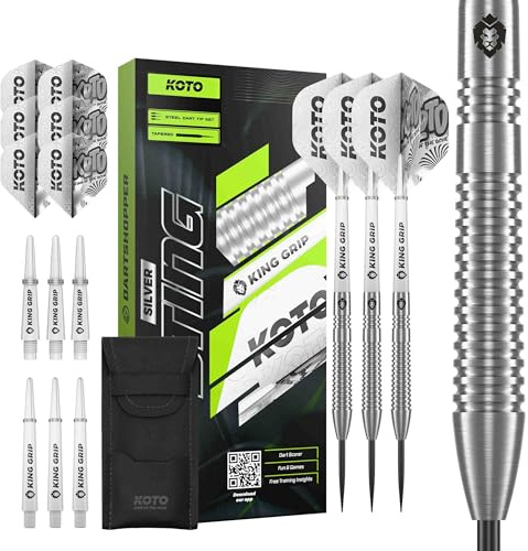 KOTO – Sting Silver 90% Tungsten Darts, 22G-26G, Silber, Mit Extra Flights und Shafts, Steeldarts, Dartpfeile Profi Set