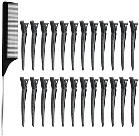 24 Stück Haarclips mit 1 Kamm, Haarklammern Friseurbedarf für Mädchen, Haar Clips für Damen Haarstyling, Clips Abteilklammern, Stabile Abteilklammern für Damen und Friseurbedarf (Schwarz)