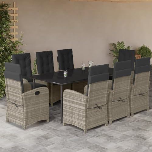 RMIHSJG Salon de jardin de 9 pièces avec coussins gris clair en polyrotin - Ensemble de meubles d'extérieur avec fauteuils réglables et table à plateau en verre pour terrasse, jardin et arrière-cour