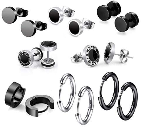 8 Pair Herren Edelstahl Ohrringe, 8mm Edelstahl Ohrclips Emaille Ohrschmuck Piercing Ohr Lünette runde coole Ohrstecker Tunnel Piercing für Männer,