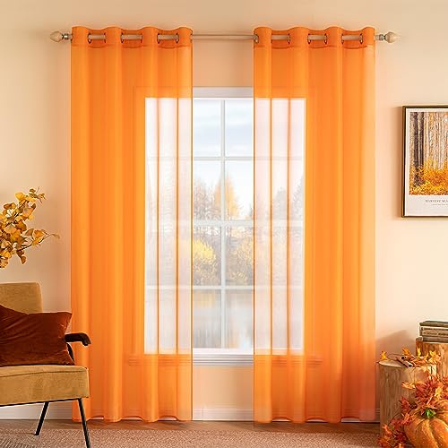 MIULEE Gardinen Voile Vorhänge mit Ösen 2er Orange 140x260cm | Transparente leichte Voile Vorhänge mit Metall Ösen, lichtdurchlässig, modern elegant für Wohn- und Schlafzimmer
