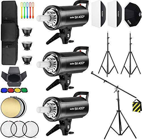 Godox 3 Pack SK400II 1200Ws 2.4G Speedlite Studio Flash Strobe Monolight Bowens Mount Kit for Studio Shooting, Location and Portrait Photography with Softbox, Light Stand, Barn Door Kit, Carrying Case