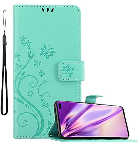 Cadorabo Hülle kompatibel mit Samsung Galaxy S10 Plus Blumen Design aus Kunst Leder Flip Klappbare Magnetische [Standfunktion] [Kartenfächern] Cover Hülle für Galaxy S10 Plus Tasche in Türkis