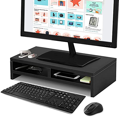 Wakects Soporte de Escritorio para Monitor de Madera de 2 Niveles, Organizador para Portátil y PC, Negro, 50 x 20 x 11,7 cm