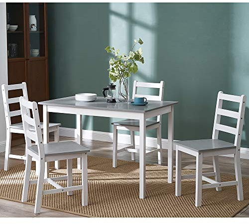 Panana Wooden Dining Table with 4 Chairs Sets Contemporary Dining Room Furniture Table Chairs Set (White and Grey)