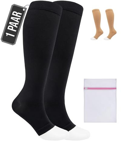 360 RELIEF Bas de Contention pied ouvert Femmes et Hommes - Classe 1 Chaussettes contention bout ouvert pour Circulation, Voyage, Varices - Compression graduée de 15-20 mmHg - Avec sac de lavage