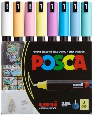uni Posca PC1MR Stift, extra feine Spitze, weiche Farben, 8 Stück