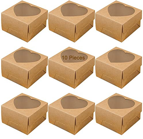 10 Stück Braune Kraftpapier Geschenkboxen, Geschenkverpackung Schachtel, Einweg Pappschachtel, Kleine Karton Box Verpackung, mit klarem Fenster in Herzform, für Geburtstag, Party, Hochzeit (Braun)