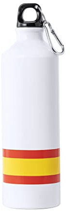 makio Botella Agua Blanco con Bandera España. Botella de Aluminio de 800 ml, con tapón de seguridad a rosca libre de BPA, y mosquetón de transporte.
