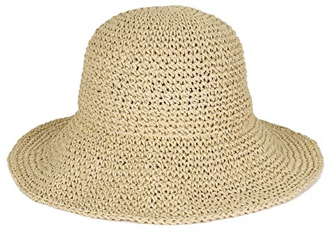 Voilipex Floppy Stroh-Sonnenhut faltbar verstaubar breite Krempe Sommer Strand Hut Häkelhut für Damen, Beige., Einheitsgröße