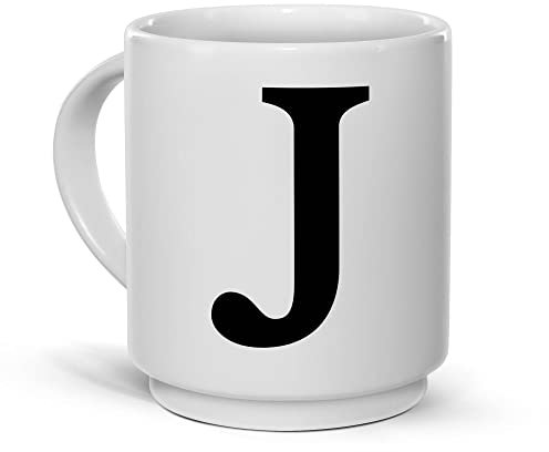Tassendruck Stapel-Tasse mit Buchstabe und Zeichen - Buchstabe J Schriftstil Klassisch - Buchstaben-Tasse Keramik, Stapelbar, Platzsparend, Dekorativ