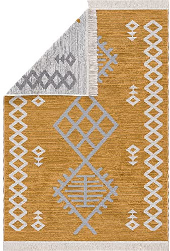 Pasha Home Teppich Läufer 80x150 cm Prag/Boho Teppich aus Baumwolle/Teppich für Wohnzimmer, Schlafzimmer, Küche, Bad, Kinderzimmer/Teppich Boho Style wendbar/Teppich Läufer senfgelb-grau