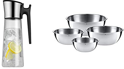 WMF Basic Wasserkaraffe 1,5 liter, Glaskaraffe mit Deckel und Griff 1,5l & Gourmet Schüsselset 4-teilig, Edelstahl Schüsseln für die Küche 0,75l - 2,75l, Rührschüssel, Salatschüssel, Servierschüssel